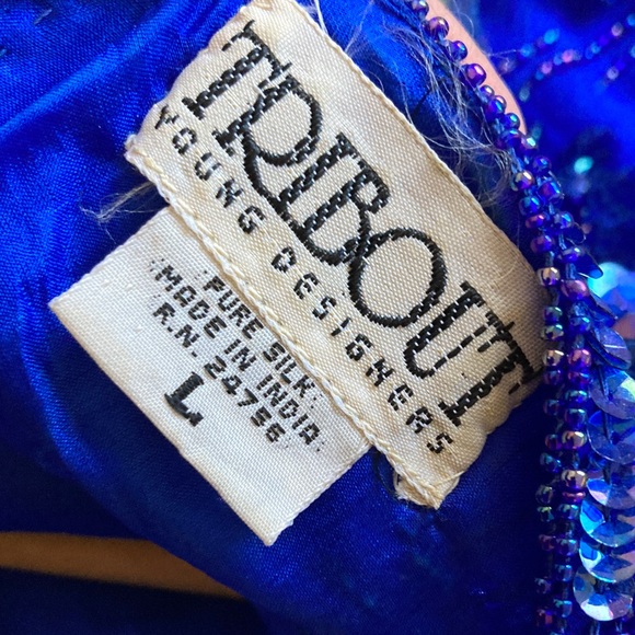 Vintage 80s 90s Tribout Silk Sequin Beaded Royal Blue Glam Event Party Top sz L - Picture 15 of 16